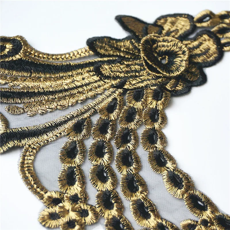 37CM Embroidered Flowers Collar Black Gold Varied Lace Trims Appliques Mesh Sew On Patch For Wedding Evening Dress DIY