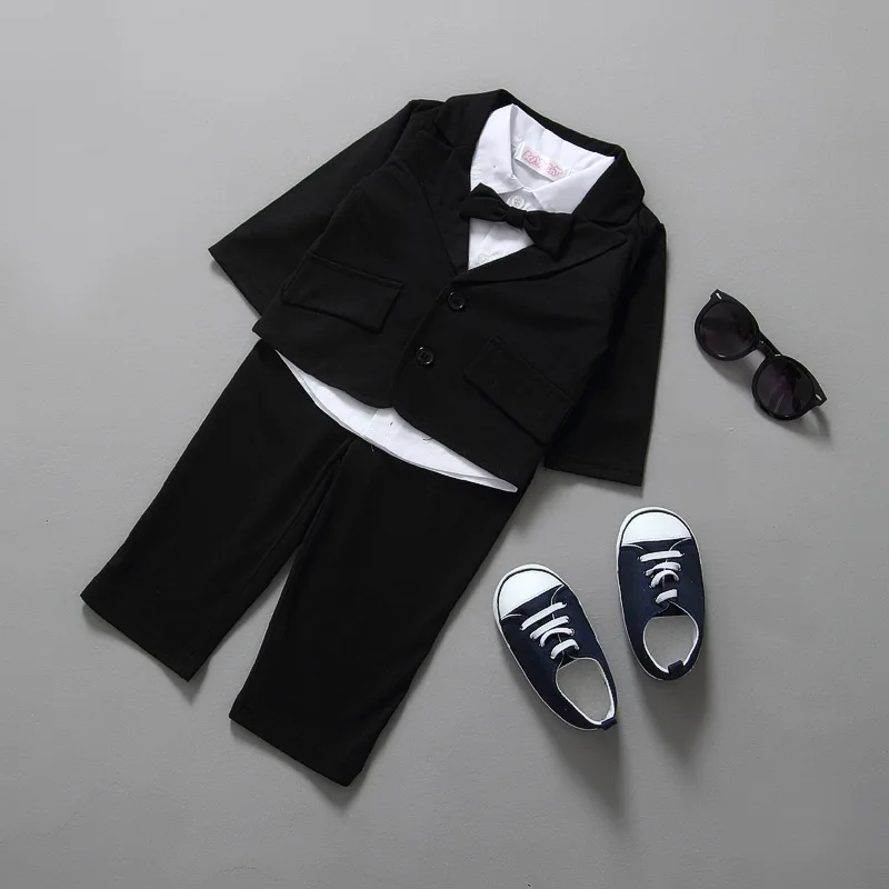 Spring Newborn Boy Clothes Korean Fashion Gentleman Black Suit Coat+Tops+Pants Kids Outfit Baby Boutique Clothing Sets BC1018-1