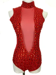 2015 new female red sexy slim acrylic rhinestones Perspective gauze hollow DJ singer costume DS dancer for performance bodysuit