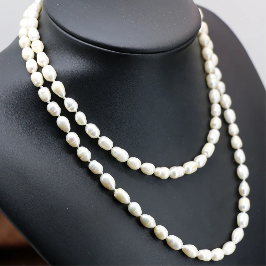 9-10mm natural white freshwater pearl barrel rice beadsd necklace for women weddings party long chain jewelry 36inch B2918