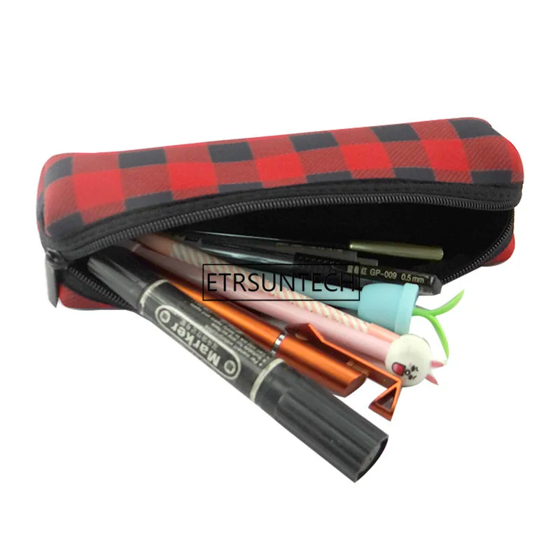 100Pcs/Lot Red Plaid Makeup Bag Wholesale Blanks Buffalo Check Cosmetic Bag Long Size Neoprene Pencial Case Wholesale