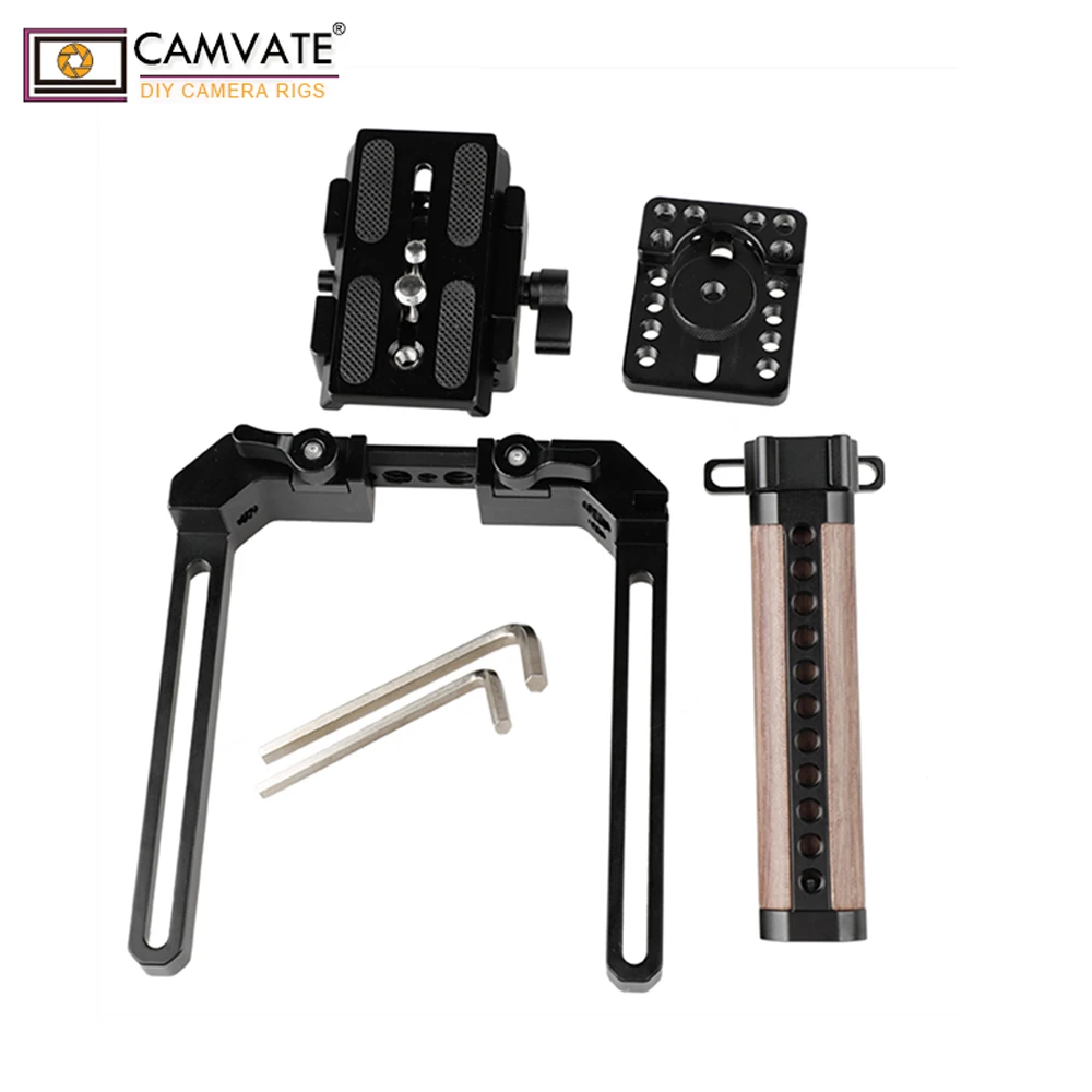 CAMVATE Universal Camera Cage Rig With Manfrotto Quick Release Baseplate & Wooden Top Handle For Canon Sony Panasonic Nikon