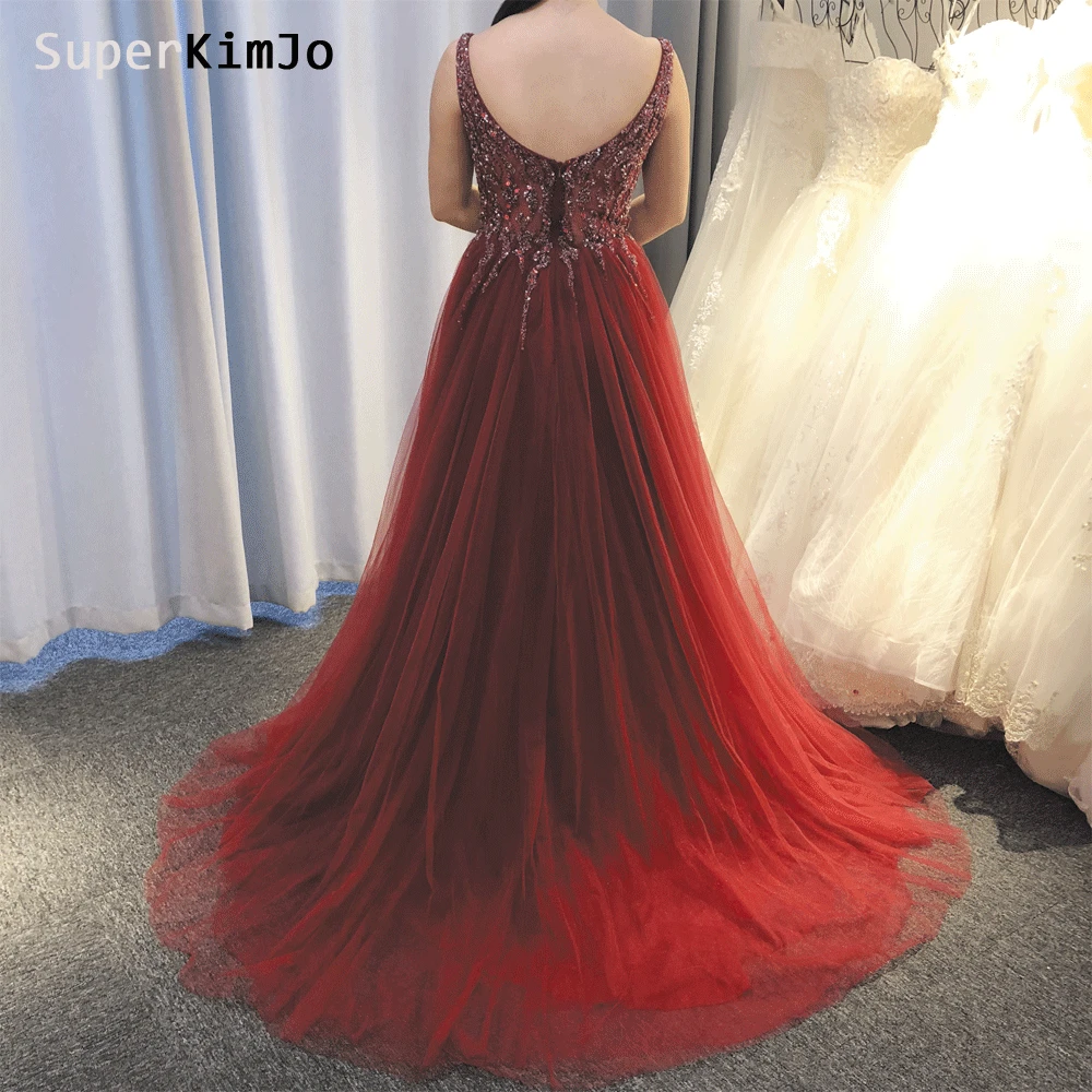 SuperKimJo ビーズブルゴーニュウェディングドレスディープ V ネッククリスタルチュールセクシーなウエディングドレス Vestidos デガラ Vestido デ · フェスタロンゴ