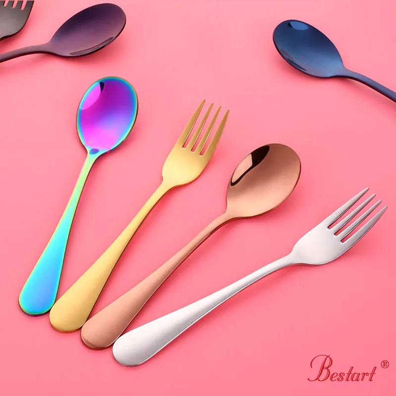 2PC Kids portable cutlery Rainbow tableware Set Stainless food safety lovely children spoon fork  gold  Toddler Utensils image 2