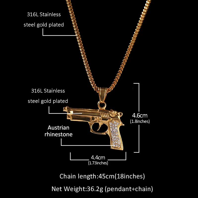 Hip Hop Rhinestones Paved Gold Color Stainless Steel Desert Eagle Automatic Pistol Gun Pendants Necklace for Men Rapper Jewelry