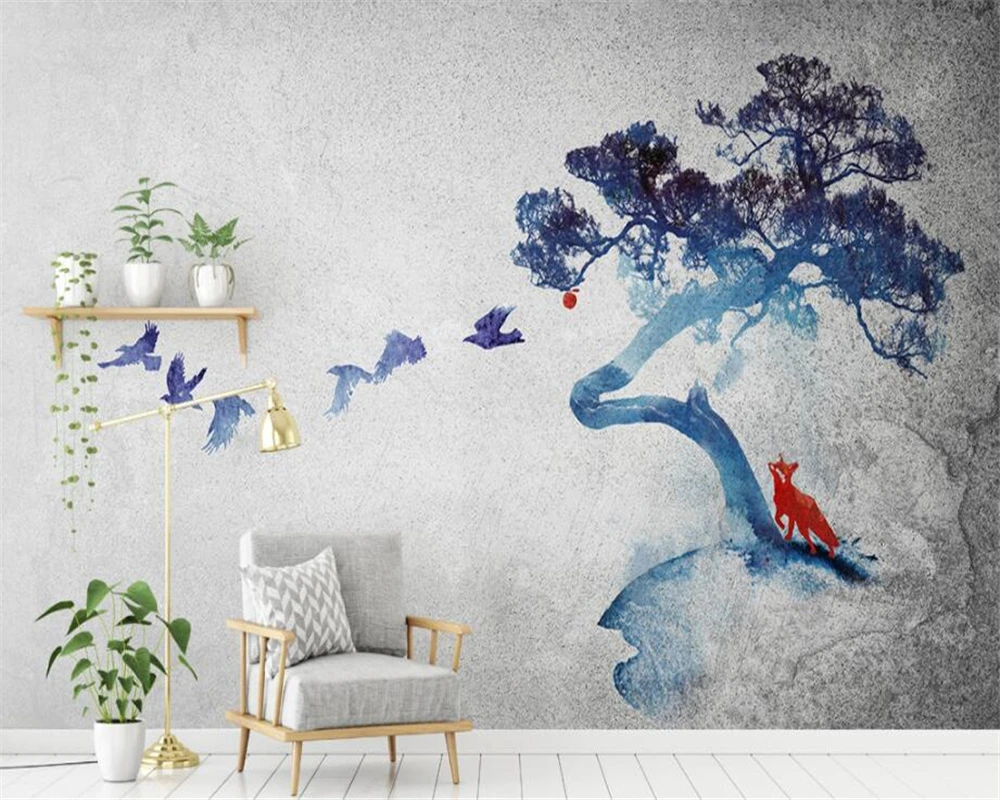 

Beibehang Modern Silk cloth 3d Wallpaper Personality Ink Landscape Tree Birds Room Background Wall 3d Wallpaper carta da parati