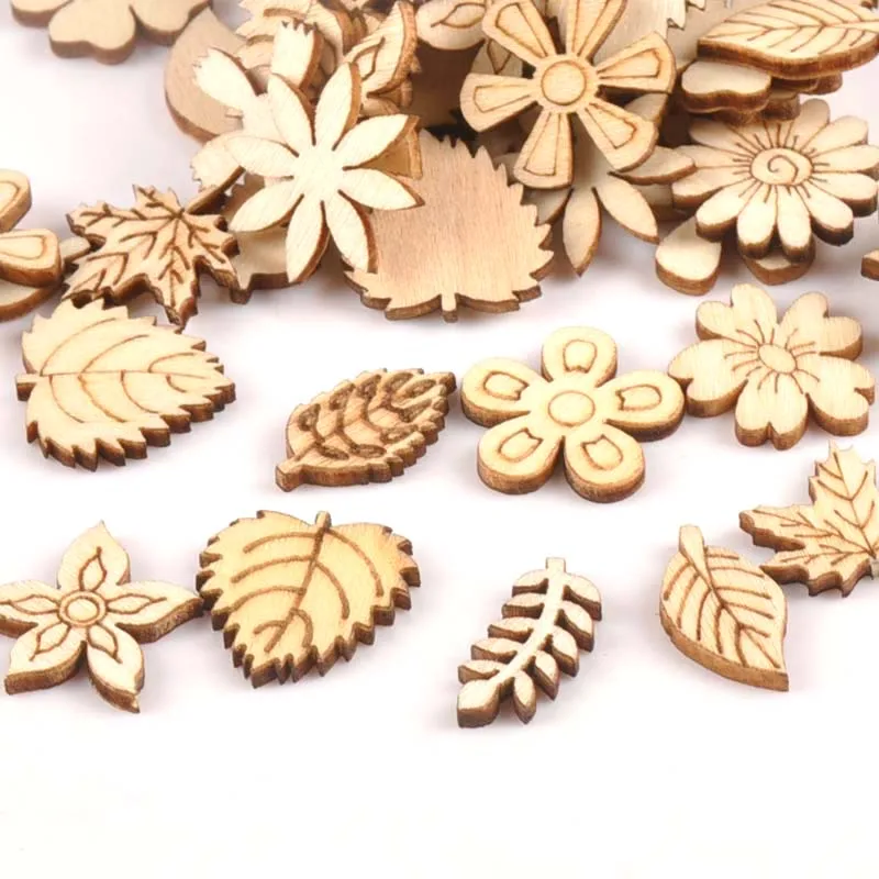 50Pcs Mix Plant/Flower/grass Shape Natural Wooden For Handmade DIY Crafts Wood Ornament Scrapbooking Home Decoration 20mm m1805