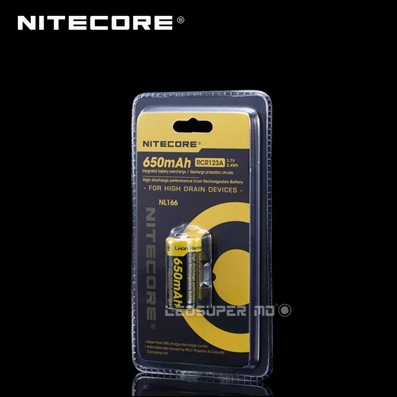 2PCS Original Nitecore NL166 RCR123A Rechargeable Li-ion Battery with 650mAh 3.7V 2.4Wh