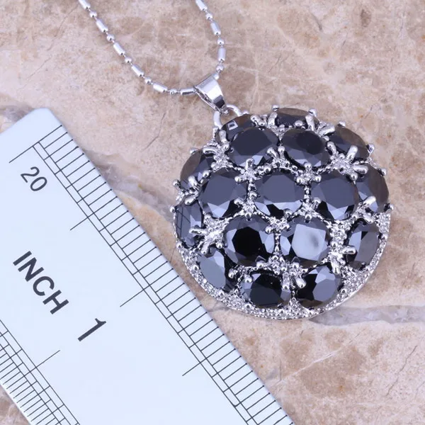 Black Cubic Zirconia Silver Plated Jewelry Sets Earrings Pendant Ring Size 6 / 7 / 8 / 9 / 10 / 11 / 12 S0025