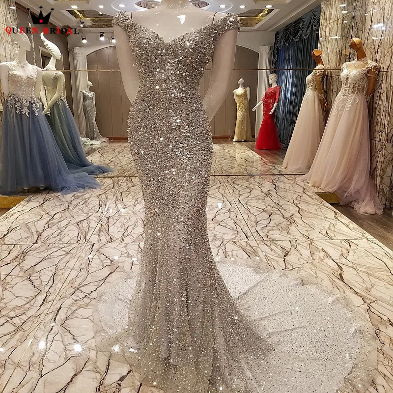 QUEEN BRIDAL Luxury Mermaid Evening Dress Sexy Bling Sequins Crystal Long Party Prom Gown Dress Robe De Soiree Real Photos BY07