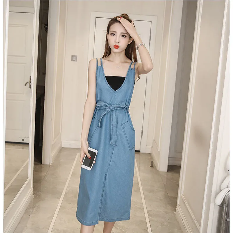 Women's Denim Dress Summer New Europe America Strap Dress V-Neck Backless Loose Sling Long Denim Dresses Vestidos Female A106