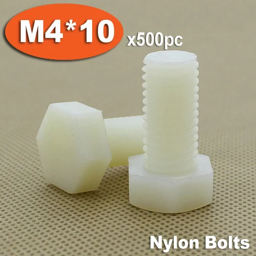 

500pcs DIN933 M4 x 10 Fully Threaded White Plastic Nylon Bolts Hexagon Hex Head Bolt Set Screw Setscrews