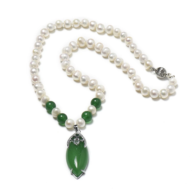 Smooth milk white pearls with four dark green round beads and a long oval dark green 16*40*10 mm Pendant 8-9 mm Pearl  Necklace