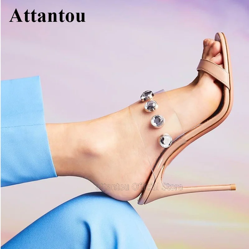

Big Rhinestone One-Strap Belt Transparent Pvc Slingback High Heel Sandals Women Sexy Open Toe Summer Shoes