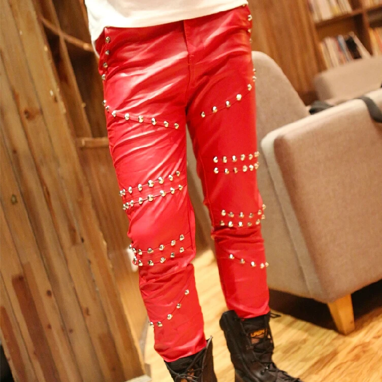 

2021 New Winter Men's Bar Nightclub Hairstylist Personality Rivet Motorcycle Leather Pants Feet Slim Leather Trousers Costumes