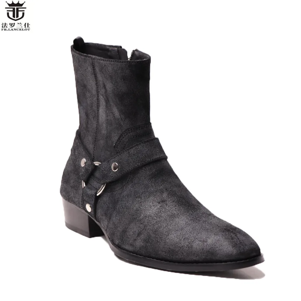 

FR.LANCELOT 2020 old style men boots black suede leather boots metal rings real Leather ankle booties high top zip men boots