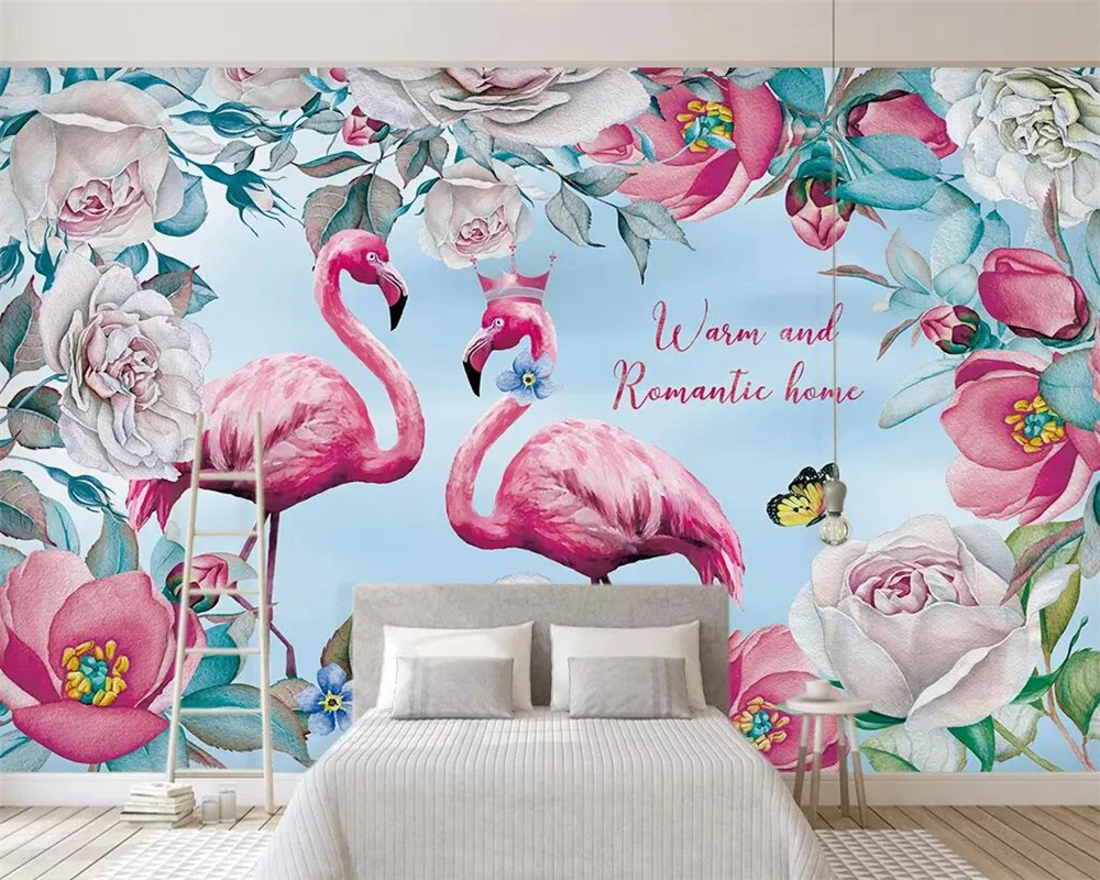 

Beibehang Custom wallpaper Nordic hand-painted flamingo flowers TV background murals home decor living room bedroom 3d wallpaper