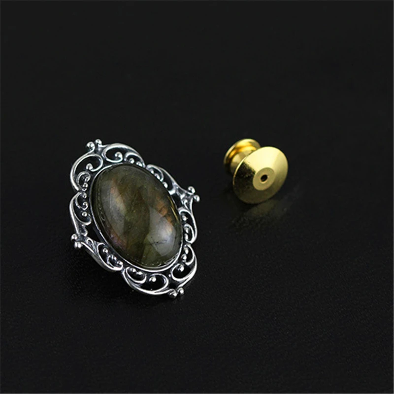 Lotus Fun Moment Real 925 Sterling Silver Natural Labradorite Handmade Fashion Jewelry Vintage Victorian Style Brooche For Women