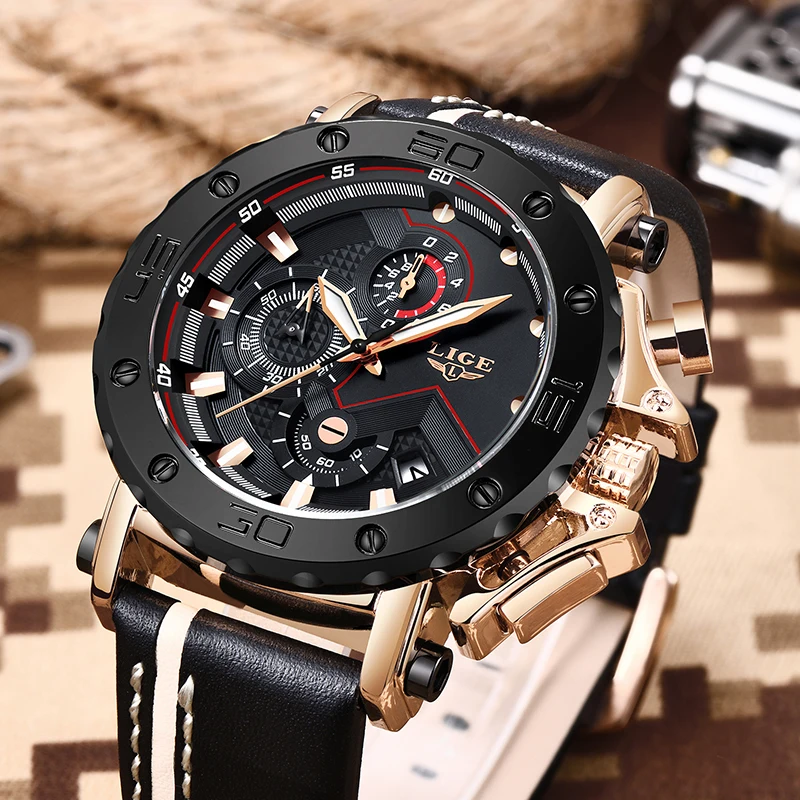 LIGE Men Watch Casual Sport Chronograph Top Brand Leather Strap Waterproof Date Quartz Watch for Men Clock Relogio Masculino New