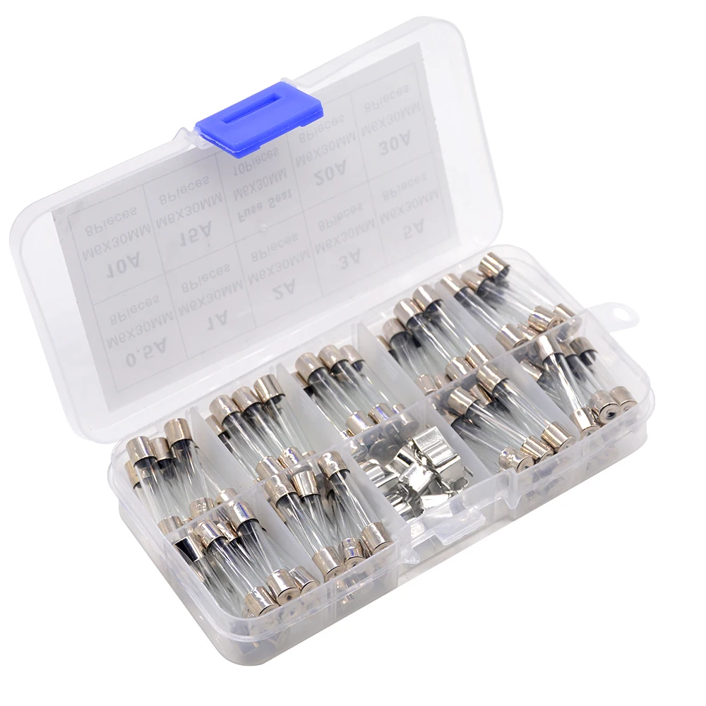 72PCS/LOT 6x30 6*30 mm Fast-blow Glass Fuses Assorted Kit 250V 0.5A 1A 2A 3A 5A 10A 15A 20A 30A AMP Tube Fuses