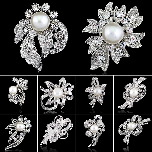 Classic Rhinestone Crystal Women Flower Brooches Bridal Bouquet Pin Simulated Pearl Broches Crystal Brooch Pins Women