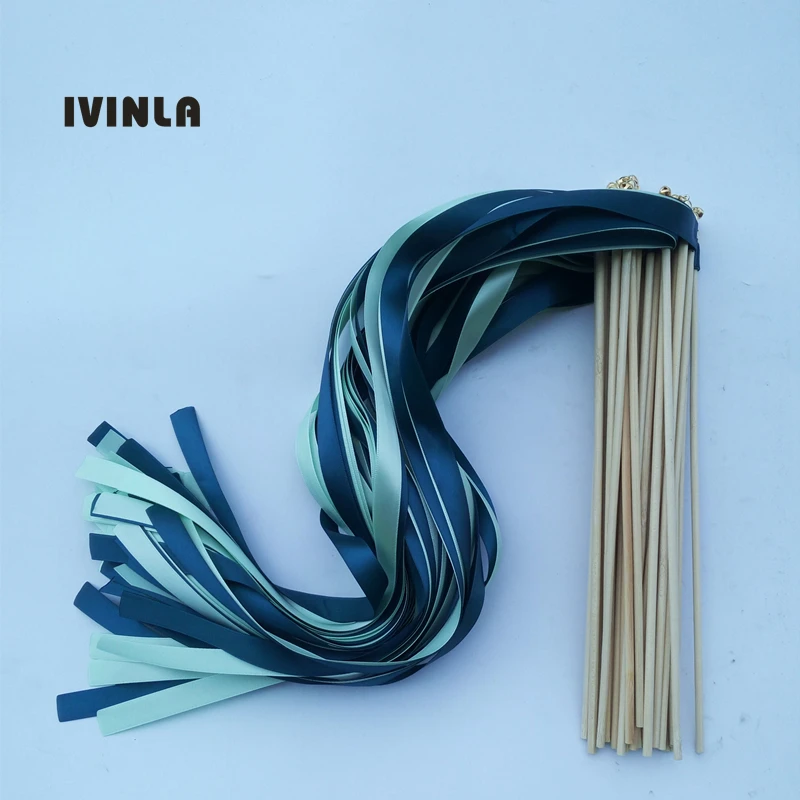 

50pcs/lot Navy & green wedding ribbon wands stick With gold Bells for wedding party