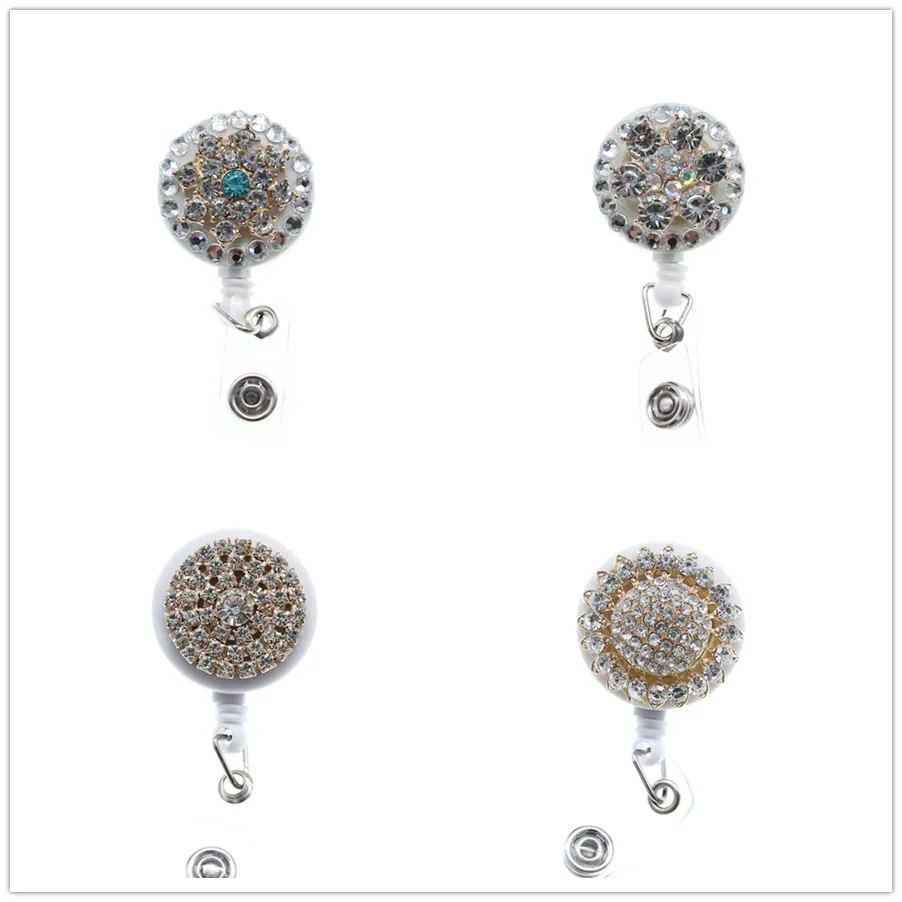 10pcs/lot free shipping Simple Elegant Round Shape Rhinestone Retractable ID Badge Holder Ree