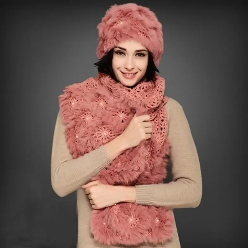 2015 Winter Scarf Hat Pearl rabbit fur hat fur cape twinset Knitted FUR Scarf Hat Set For Women Thicken