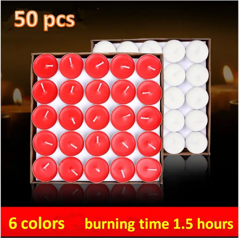 50pcs smokeless candle  tea lights romantic candle wax  6 colors burning time 2 hours  free shipping