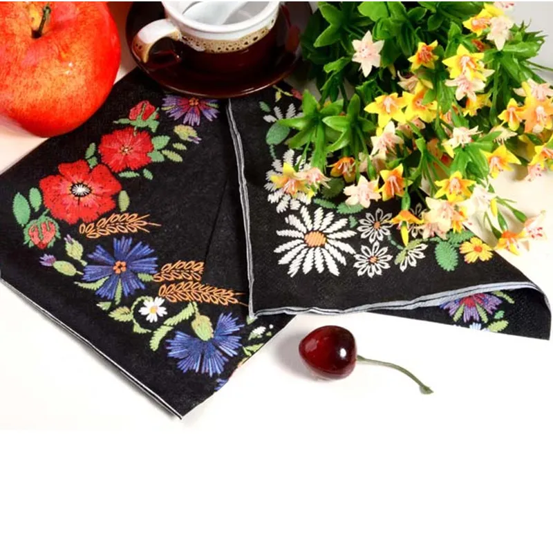 Paper napkins tissue black color print embroidery art handerchief decoupage wedding birthday party cafe decoration mug cup mats