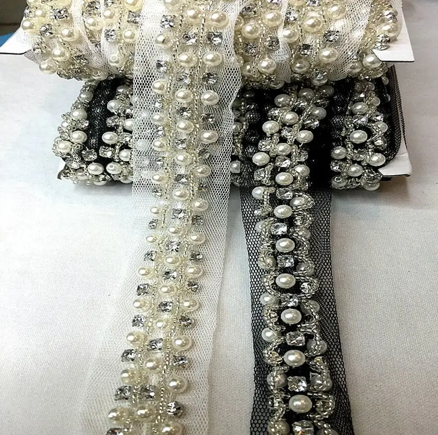 

2Yard Pearl Rhinestone Tube Beaded Gauze Lace Trim Ribbon For Sewing Apparel Sewing DIY Bridal wedding Dress Doll Cap Hair clip