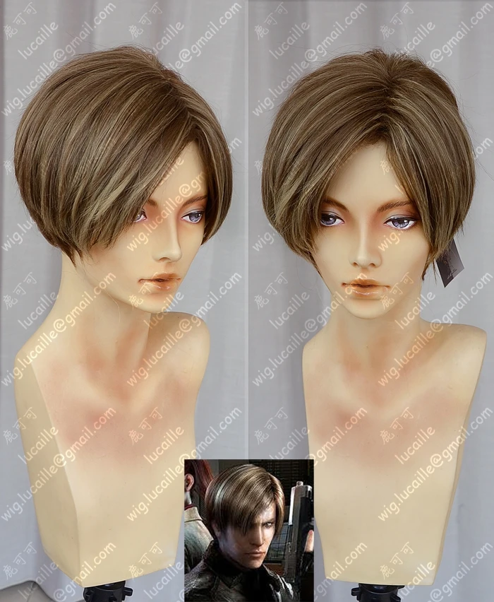 Peluca de disfraz de Cosplay de pelo resistente al calor con estilo, reflejos de Color marrón corto, gorra de peluca gratis, Leon Scott Kennedy