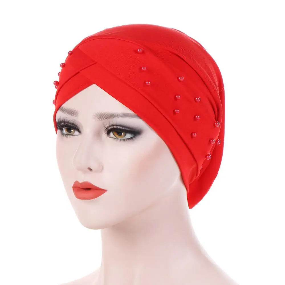 Women Elastic Turban Hat Muslim Islamic Jersey Beads Chemo Cap Ladies Stretch Head Wrap Head Scarf Arab Cover Beanie Fashion