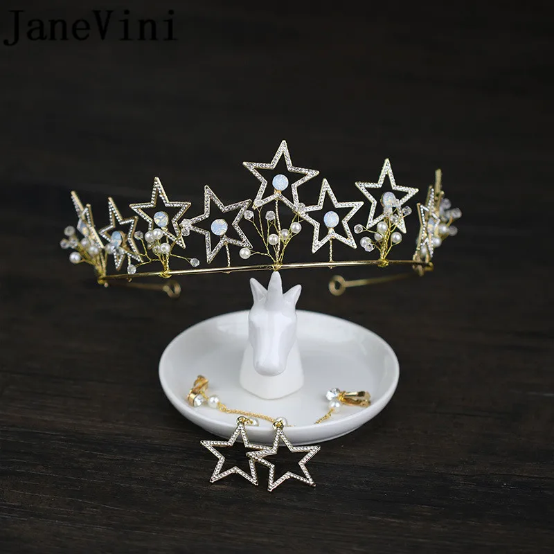 JaneVini New Golden Stars Bridal Crowns And Tiaras With Earrings Set Wedding Hair Jewellery Princess Headband Hair Accessories