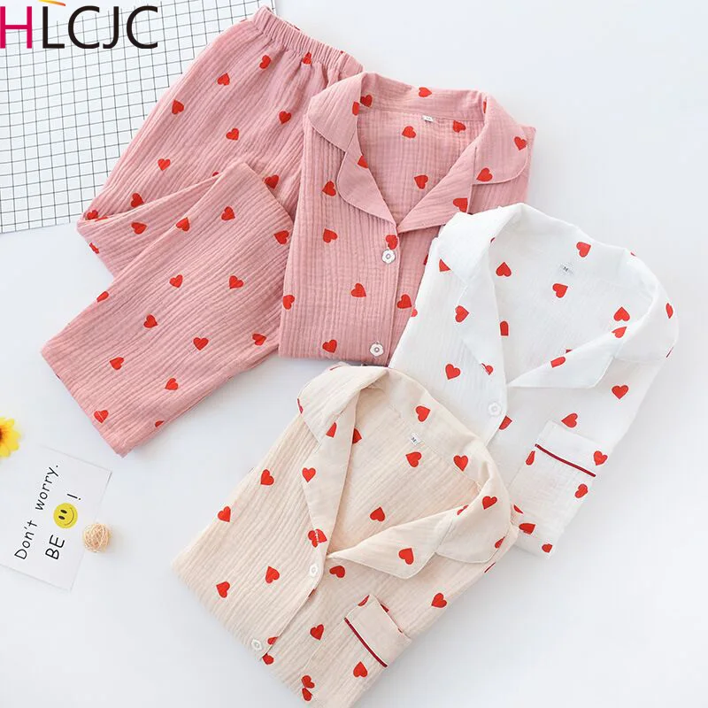 Cotton Crepe Heart Print Women Pajamas Thin Sleepwaer Pyjamas Women 2024 Soft Loose Pajama Set Casual Long Sleeve Pijamas Suit