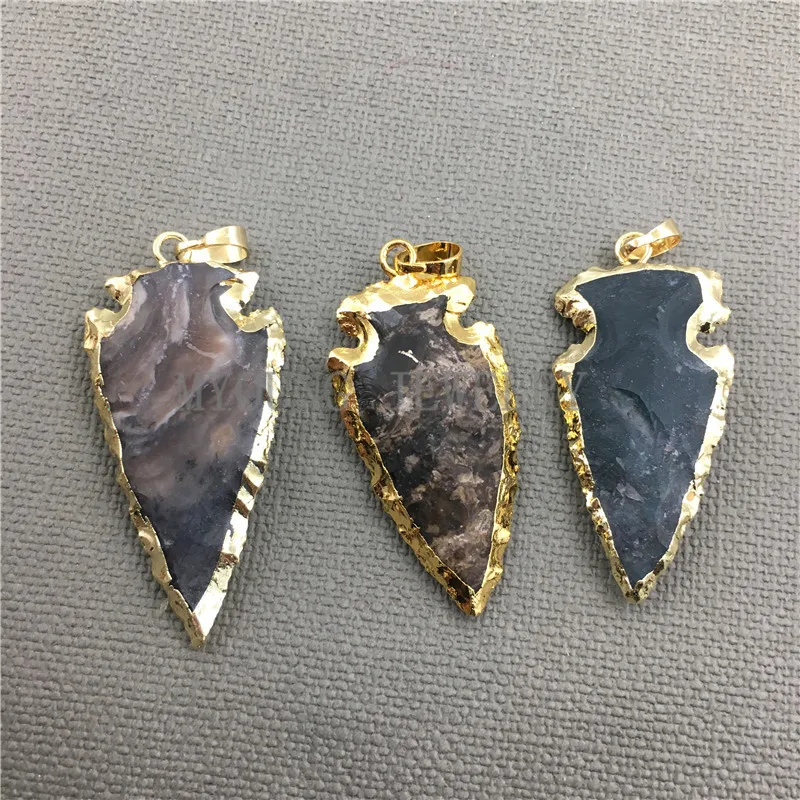 MY0418  Multicolor Arrow Jaspers Druzy Necklace Pendant,with Pure Gold Cladding Rough Arrowhead Gems Stone Jewelry Making Charm