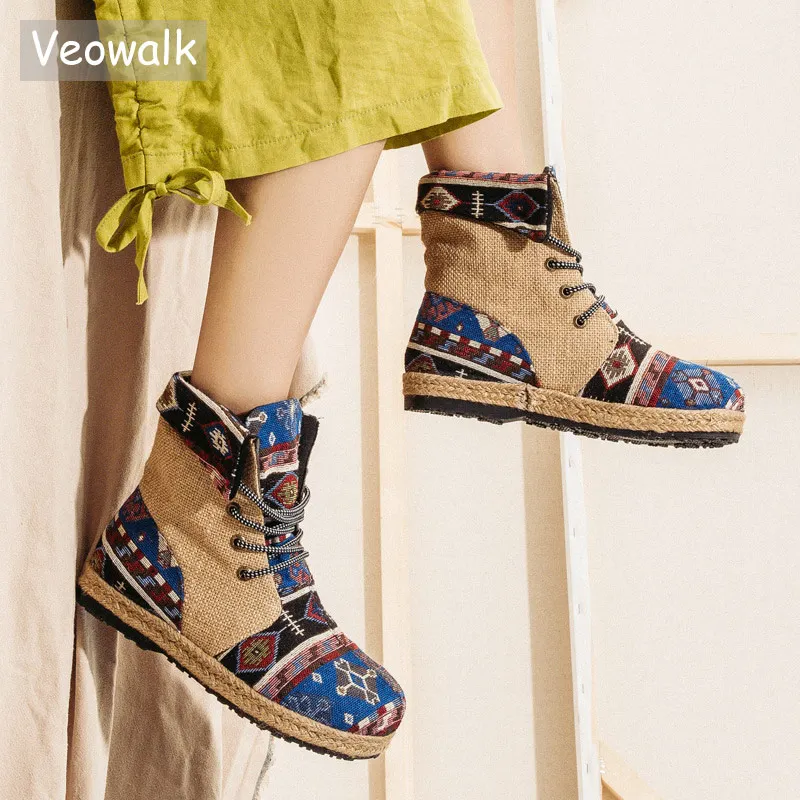 Veowalk Harajuku Embroidery Women Linen Cotton Short Ankle Boots Lace Up Comfort Ladies Flat Espadrilles Booties Vegan Shoes