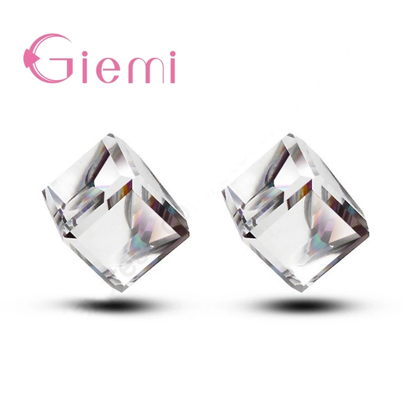 High Class Real 925 Sterling Silver Stud Earrings for Women Girls 8 Colors Options Austrian CZ Crystal Square Design Ear Jewelry