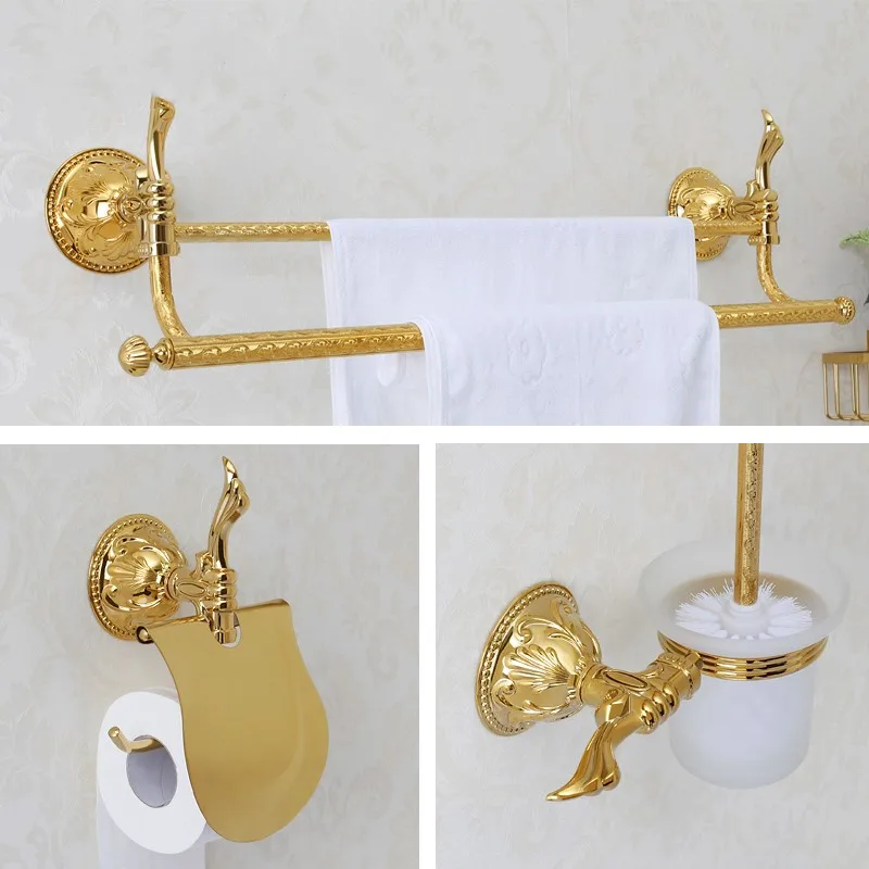 3pcs/set Luxury Gold Solid brass Bathroom hardware accessories Set Double towel rack Towel bar Paper holder Toilet brush holder