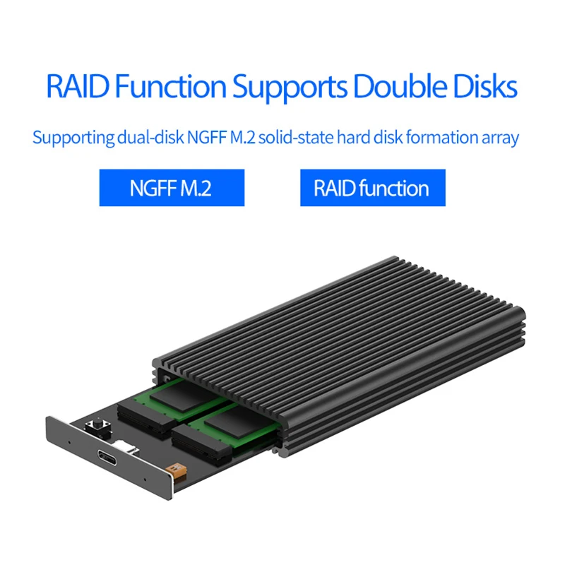 Blueendless 휴대용 SSD 하드 디스크 케이스, M.2 to C타입 USB 3.1 NGFF 하드 드라이브 인클로저, 알루미늄 지지대 더블 디스크