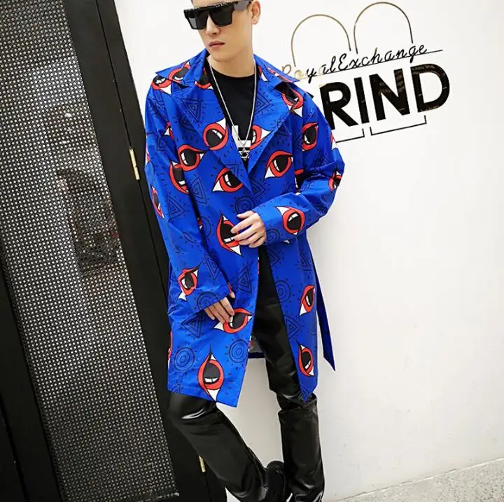 New Personality Printed Blue Men Windbreaker Medium Long Coat Korean Trench Coat Nightclub Male Singer Hair Stylist Tide Jacket