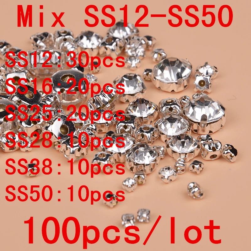 Multi Sizes Crystal Acrylic Sew On Rhinestones with Silver/Gold Claw Flatback Sewing beads For Wedding Dress DIY Crafts