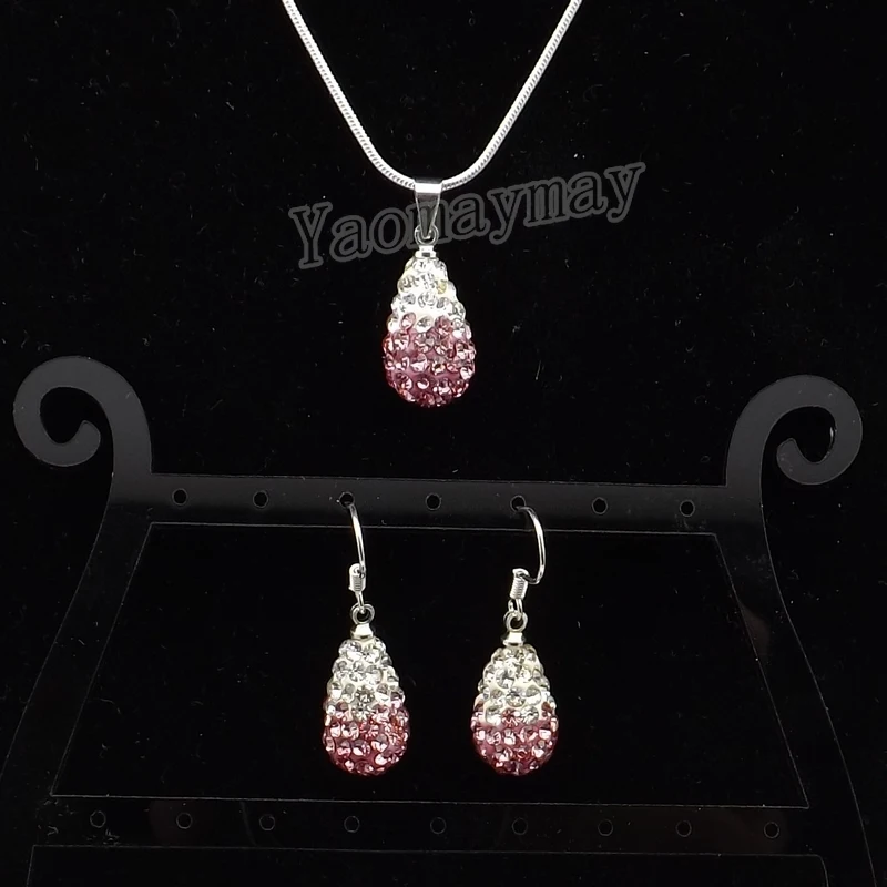 Waterdrop Shape Rhinestone Jewelry Set Gradient Pink Earrings And Necklace For Women 5 Sets Wholesale