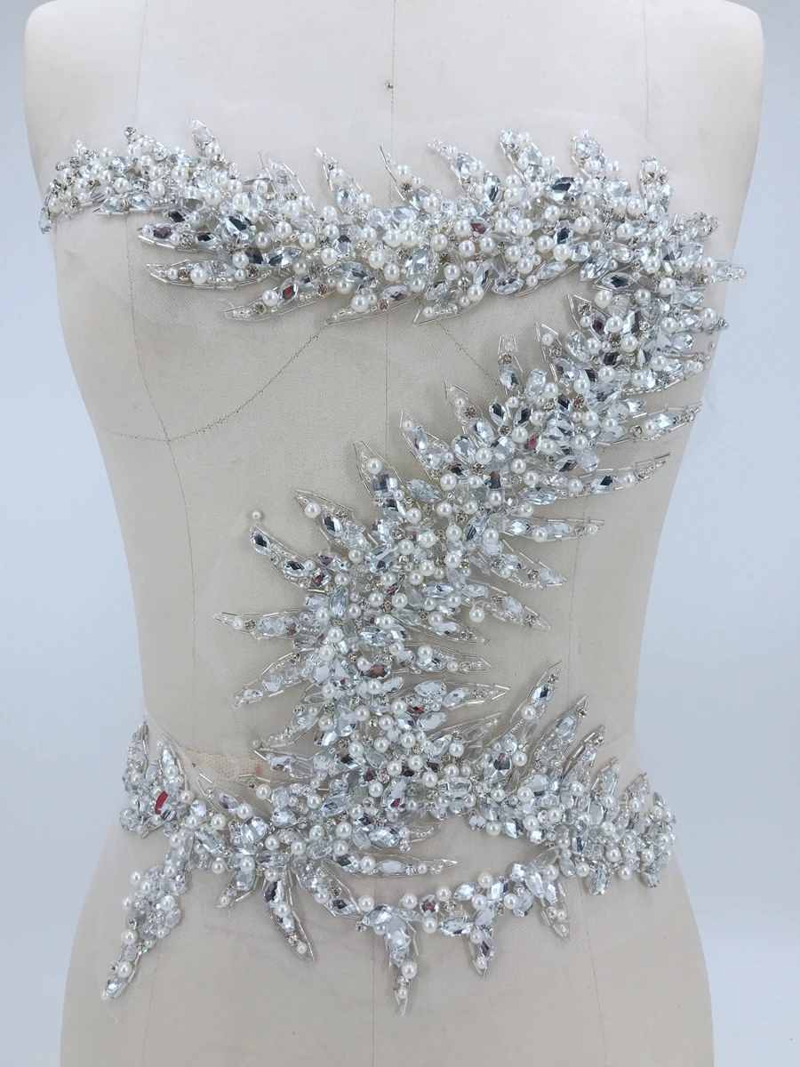 handmade silver white sew on rhinestones pearl applique on mesh crystals trim patches 36*34cm for wedding dress DIY accessories