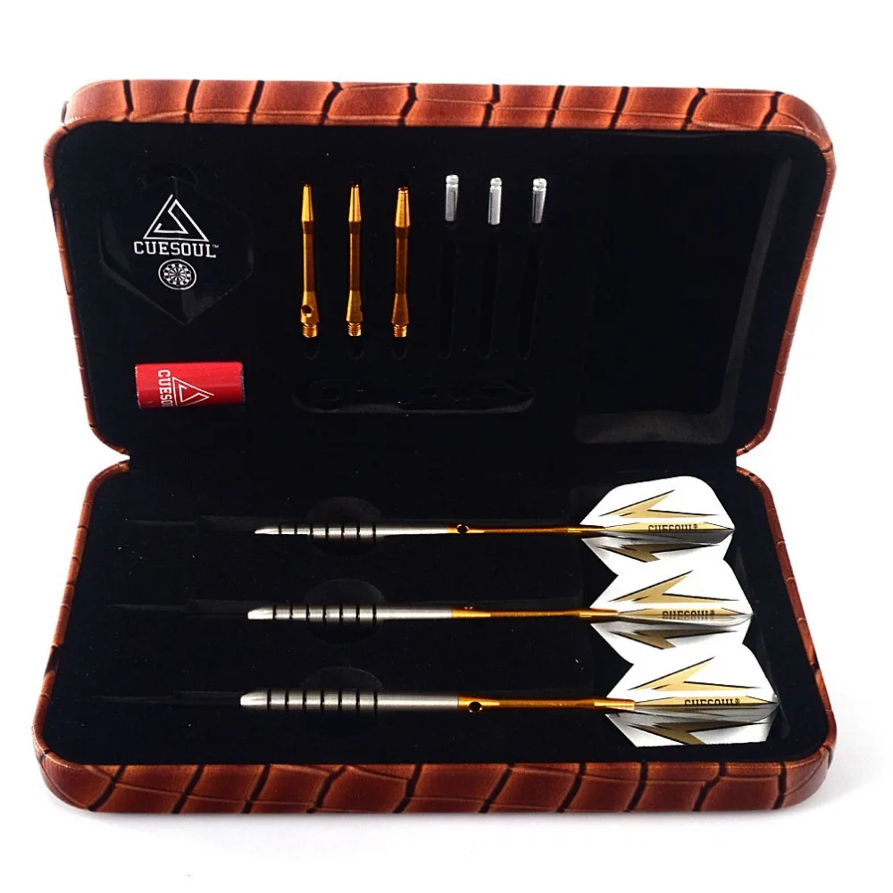 CUESOUL 19 Grams Tungsten Steel Tip Darts Set With Golden Shaft & Luxuy Brown Case