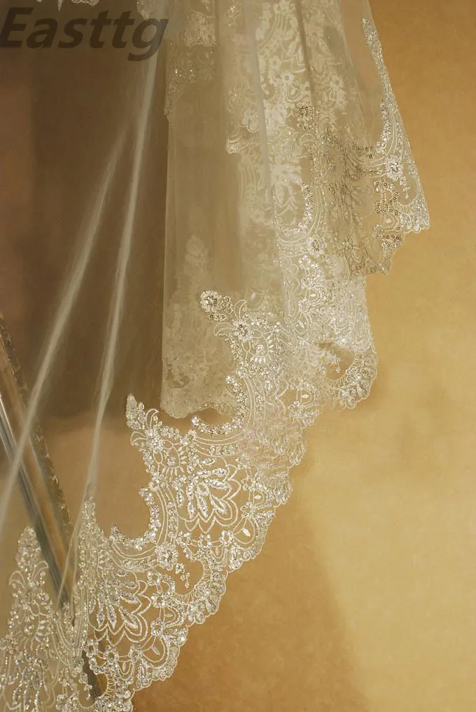 Velo De novia Blanco/Marfil brillante 3M 1T con peine De metal, Mantilla De encaje, accesorios De boda