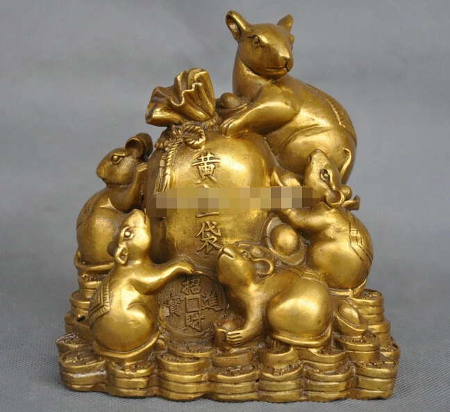 

WBY911+++5'' China Zodiac Five Rat Mouse Money Coin Bag Bronze Statue