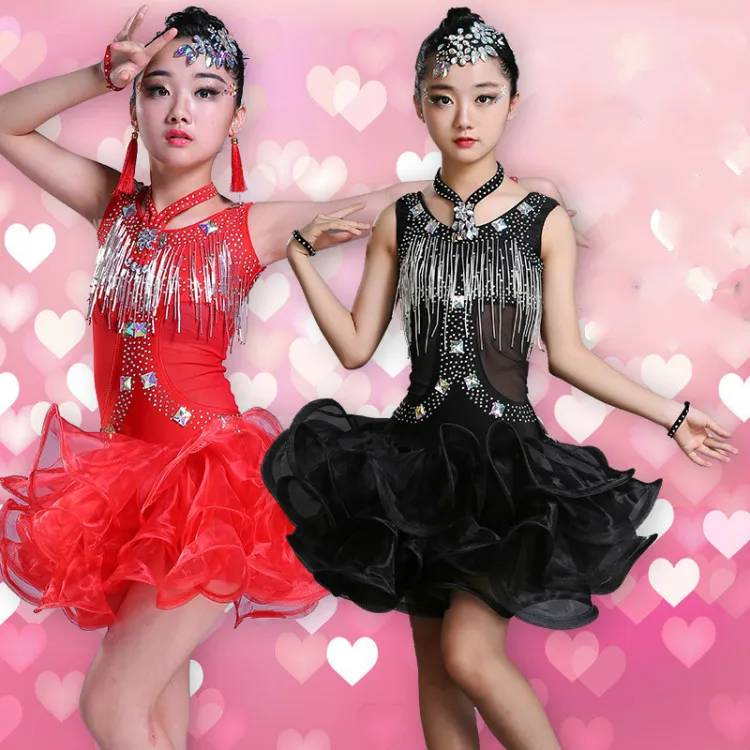 Girls Latin dance skirt new summer children's costumes show handmade beaded Latin dance costume stage performance clothing