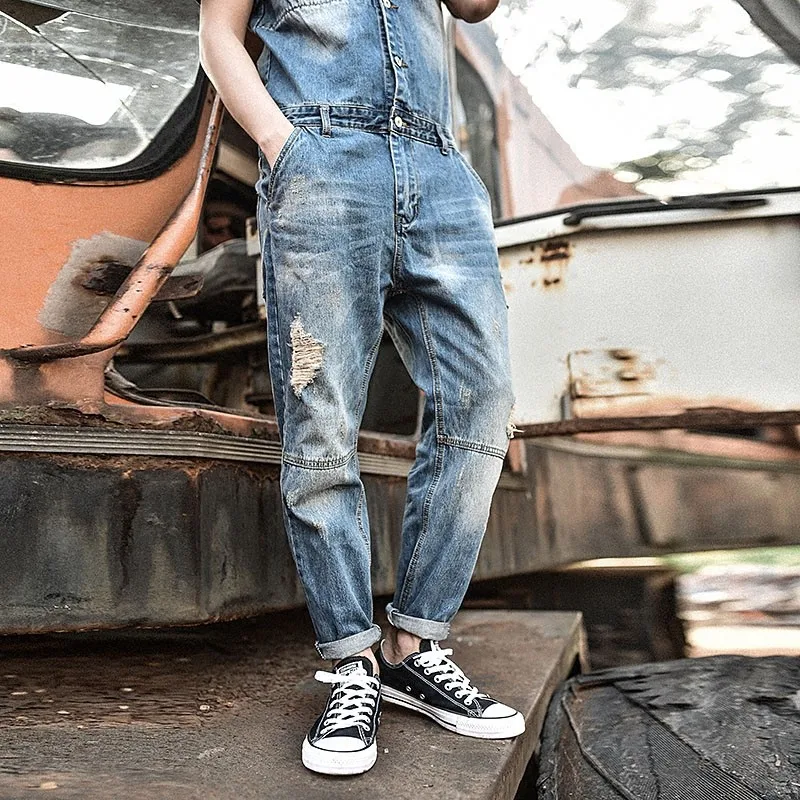 Japan Retro Mens Overalls Short Sleeved One Piece Denim Pants Casual Washed Jeans Jumpsuits Button Classic Hole Ripped Trousers