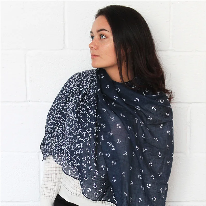 Jinjin.QC Anchor Printed Fashion Women Scarf Blue and White Hijab Vintage Shawl Bandana Girl Bufanda Mujer Echarpe Foulard Femme
